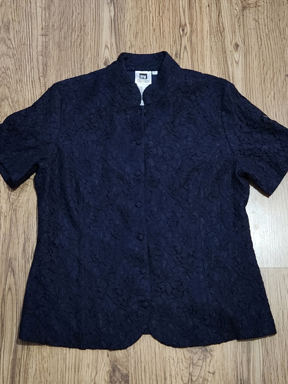 Together Navy Lace Short-Sleeve Button-Front Shirt